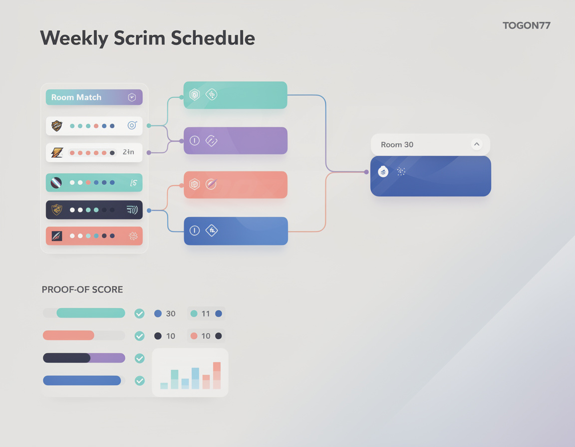 Ilustrasi jadwal scrim mingguan TOGON77 dengan bracket, room match, dan bukti skor